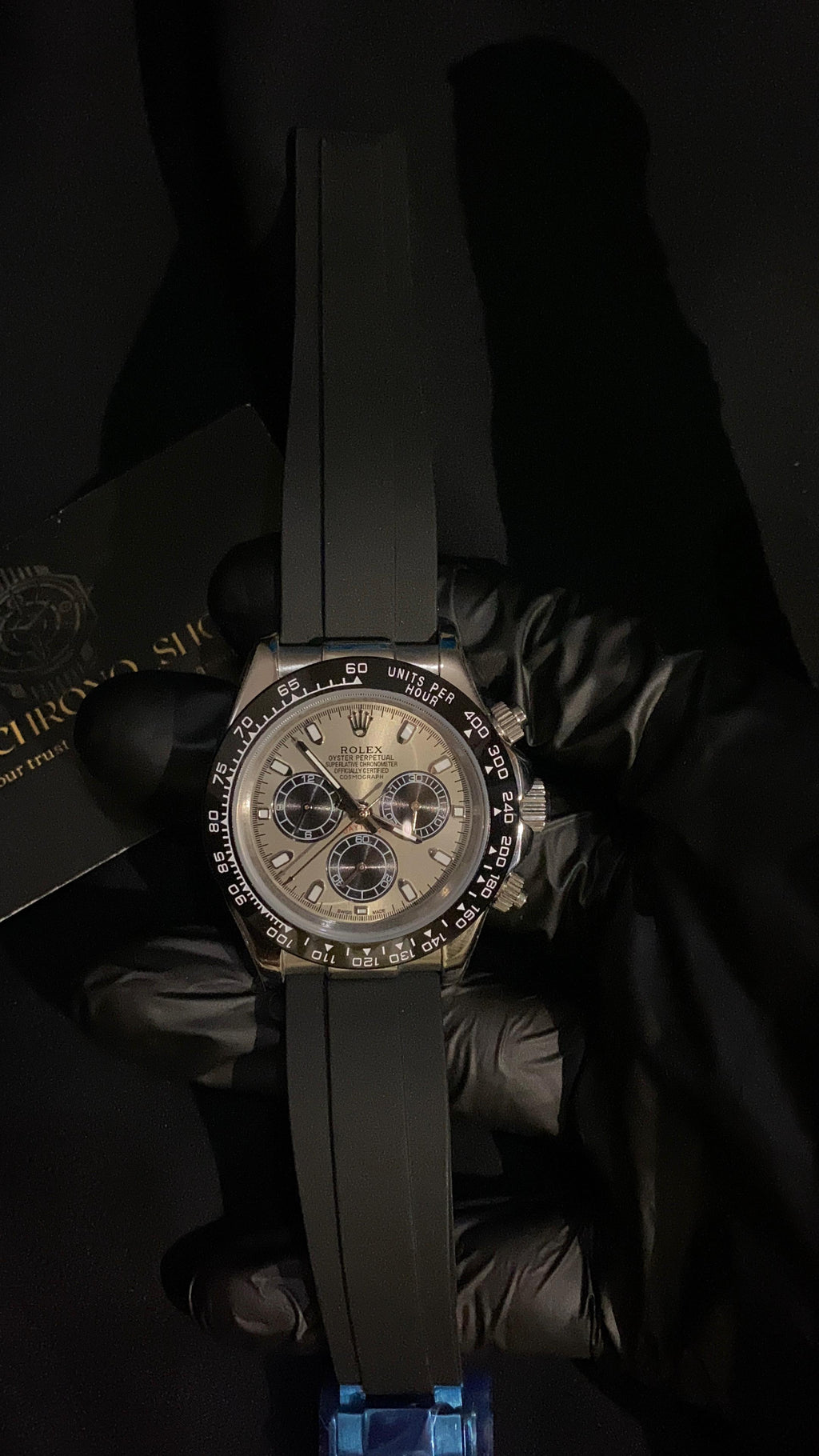 ROLEX COSMOGRAPH DAYTONA ROSE GOLD DIAL BLACK SUBDIALS OYSTERFLEX