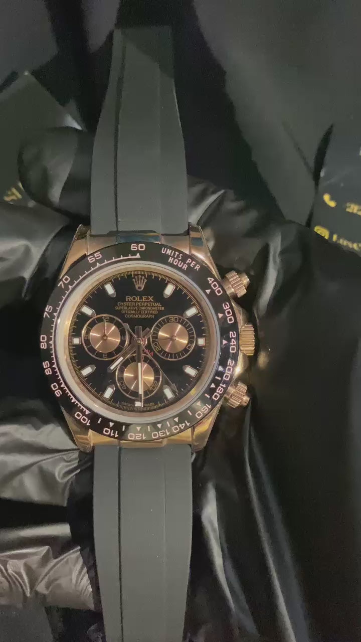 ROLEX COSMOGRAPH DAYTONA ROSE GOLD DIAL BLACK OYSTERFLEX